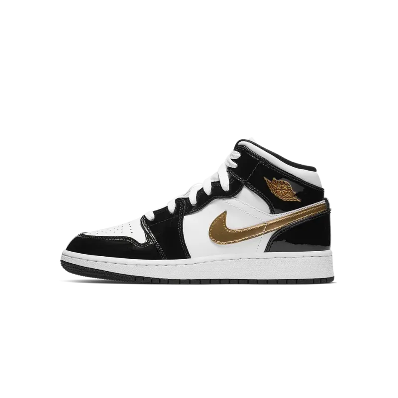 Jordan Air Jordan 1 Mid SE GS Black Gold Patent Leather Grade School
