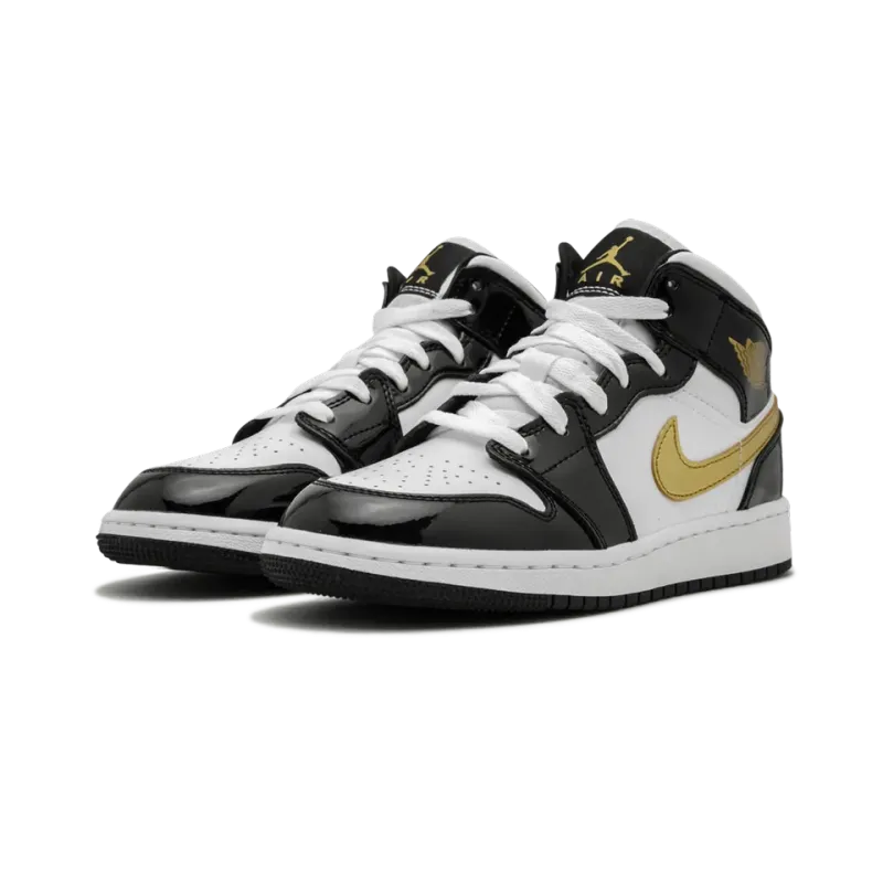 Jordan Air Jordan 1 Mid SE GS Black Gold Patent Leather Grade School