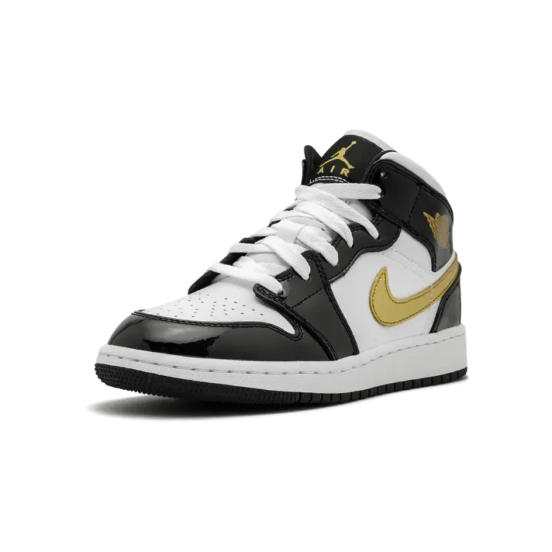 Jordan Air Jordan 1 Mid SE GS Black Gold Patent Leather Grade School
