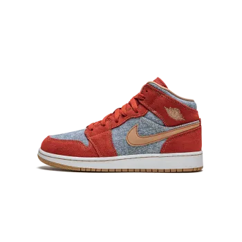 Jordan Jordan 1 Mid SE GS Denim / Red Suede Grade School