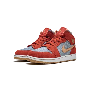 Jordan Jordan 1 Mid SE GS Denim / Red Suede Grade School