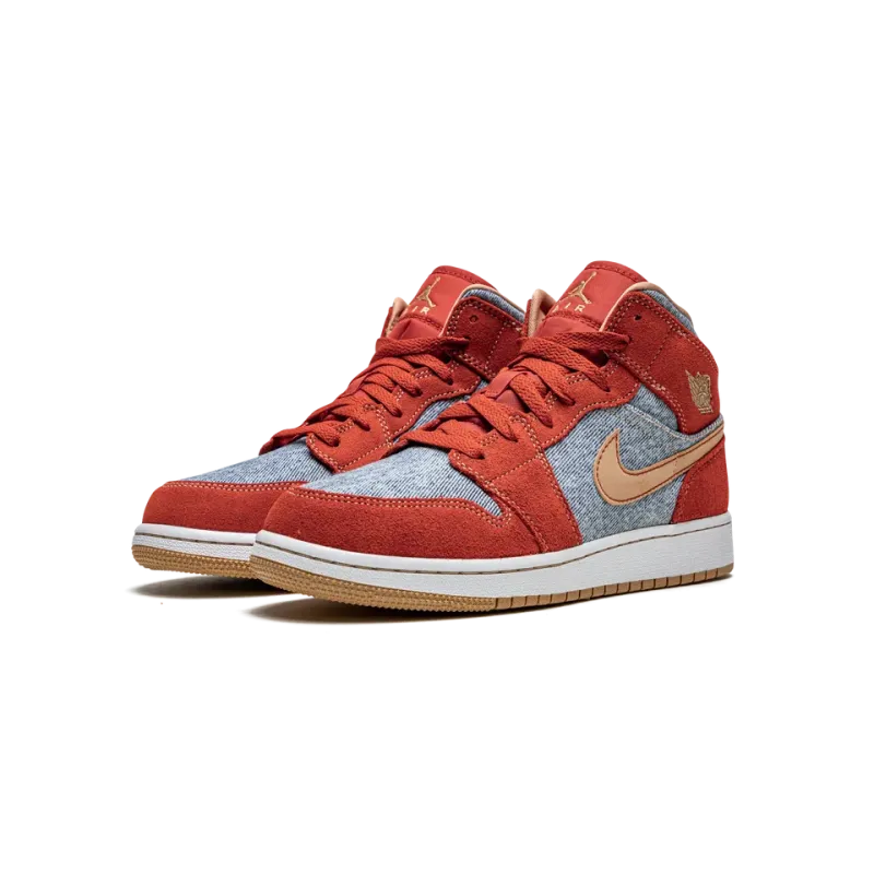 Jordan Jordan 1 Mid SE GS Denim / Red Suede Grade School