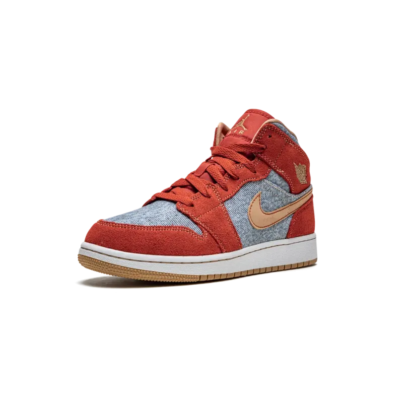Jordan Jordan 1 Mid SE GS Denim / Red Suede Grade School