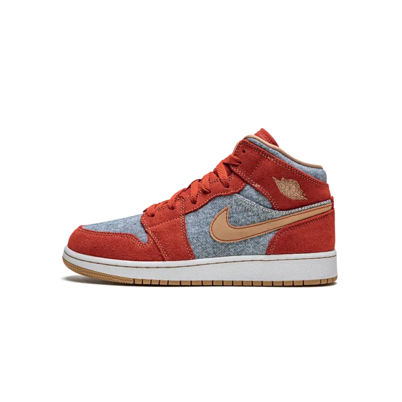 Jordan Jordan 1 Mid SE GS Denim / Red Suede Grade School